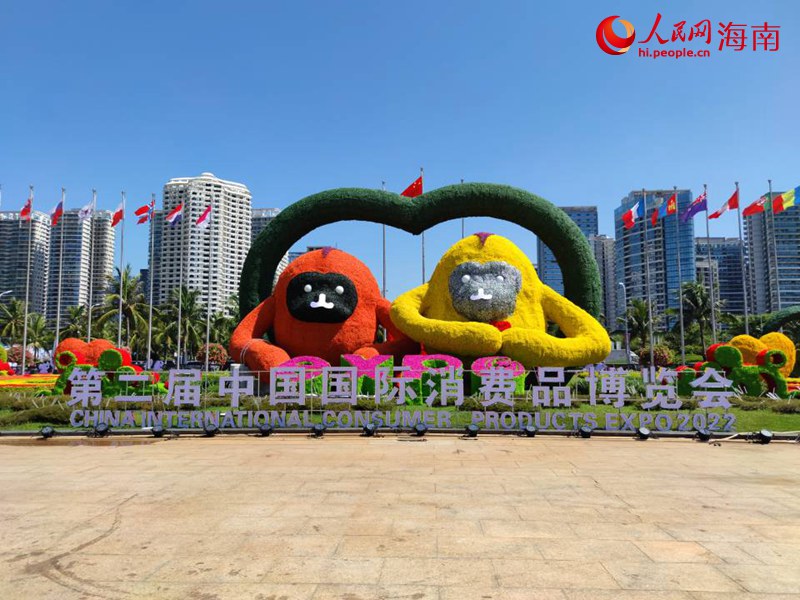 吉祥物海南长臂猿“元元”“宵宵”再次以可爱的形象出现在消博会现场。人民网 刘瀚涛摄